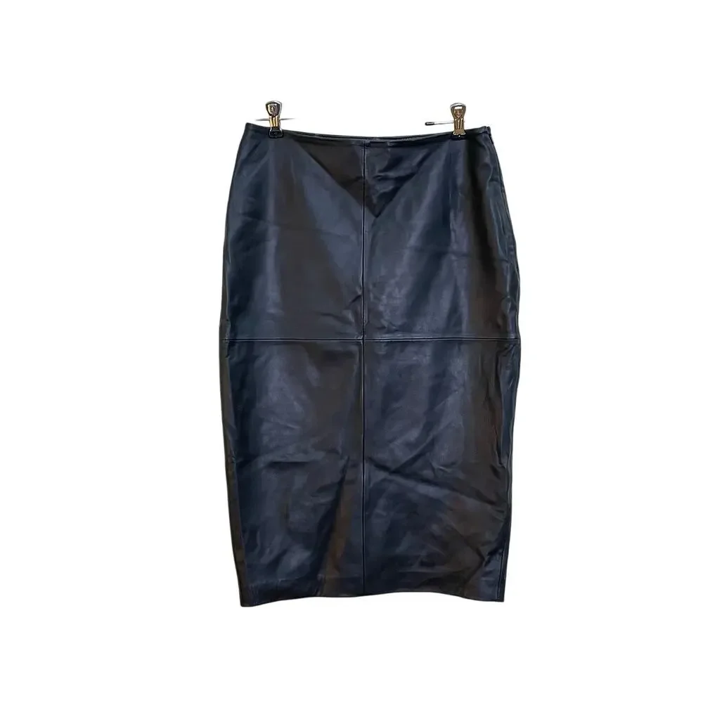 BOD & CHRISTENSEN Dawn Black Leather Knee Length Back Slit Straight Skirt Size 6